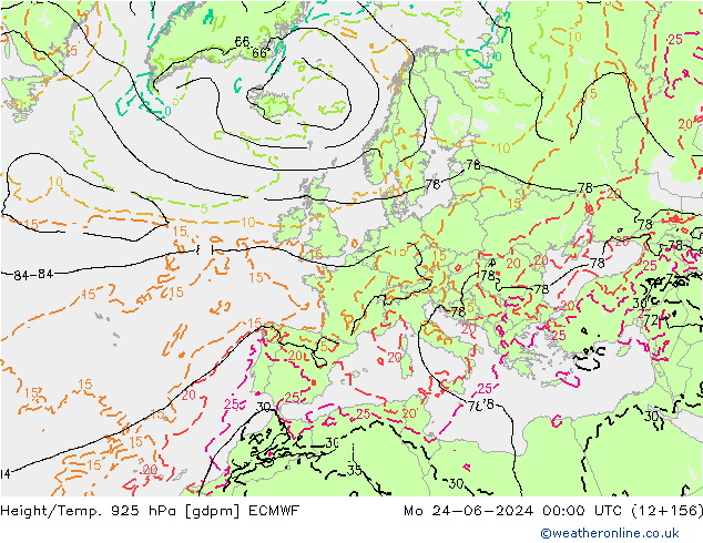 Yükseklik/Sıc. 925 hPa ECMWF Pzt 24.06.2024 00 UTC