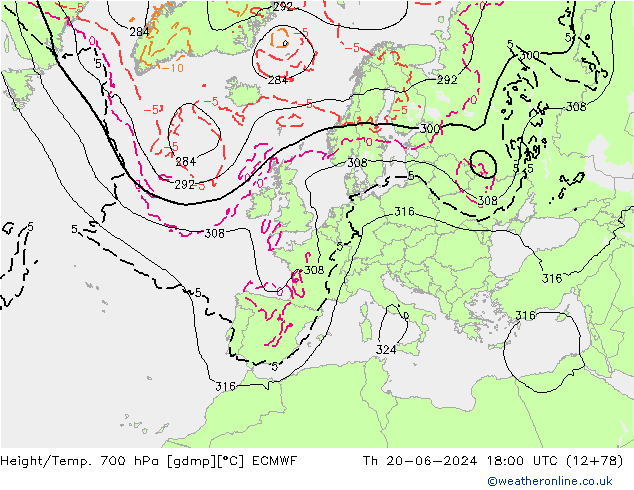 Hoogte/Temp. 700 hPa ECMWF do 20.06.2024 18 UTC