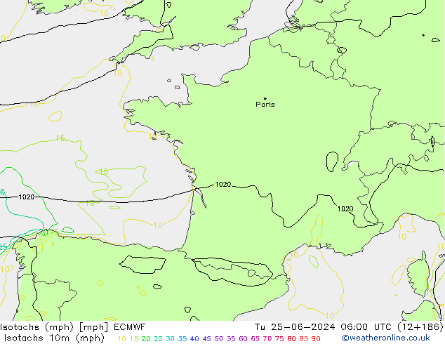 Isotaca (mph) ECMWF mar 25.06.2024 06 UTC