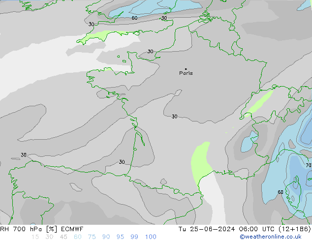 Humedad rel. 700hPa ECMWF mar 25.06.2024 06 UTC