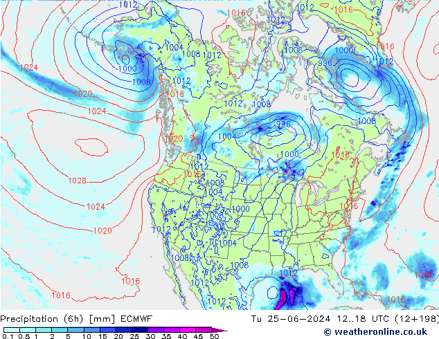 Precipitation (6h) ECMWF Tu 25.06.2024 18 UTC