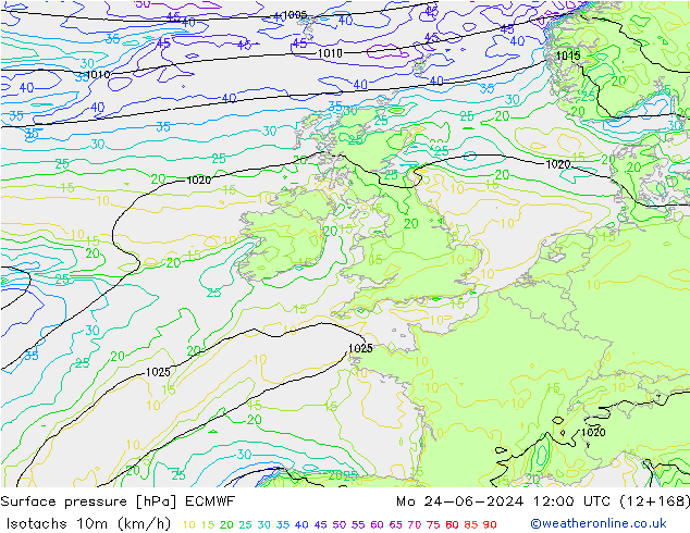 Izotacha (km/godz) ECMWF pon. 24.06.2024 12 UTC