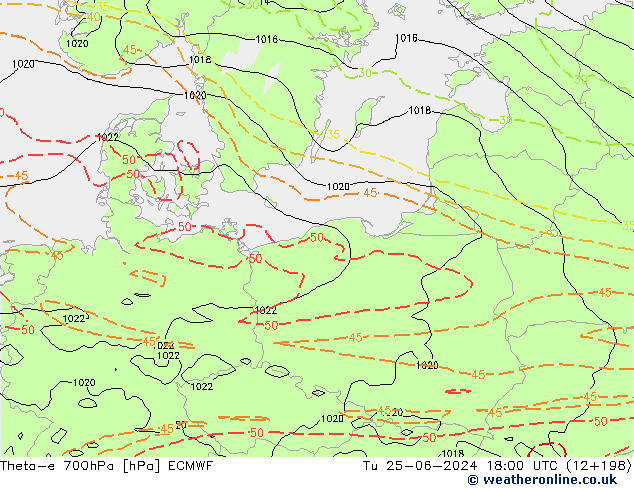 Theta-e 700hPa ECMWF Tu 25.06.2024 18 UTC