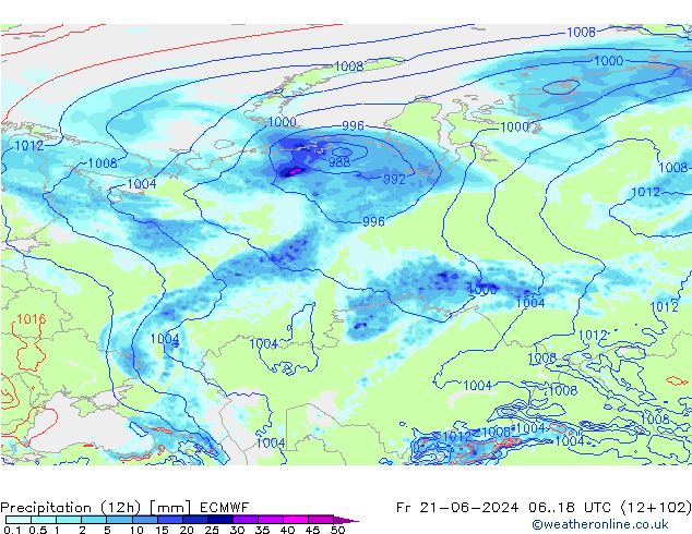 Precipitation (12h) ECMWF Fr 21.06.2024 18 UTC