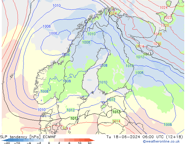Druktendens (+/-) ECMWF di 18.06.2024 06 UTC