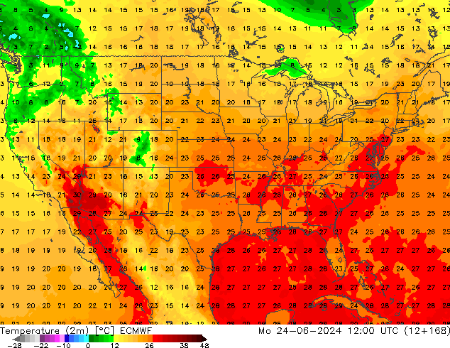 Temperatuurkaart (2m) ECMWF ma 24.06.2024 12 UTC