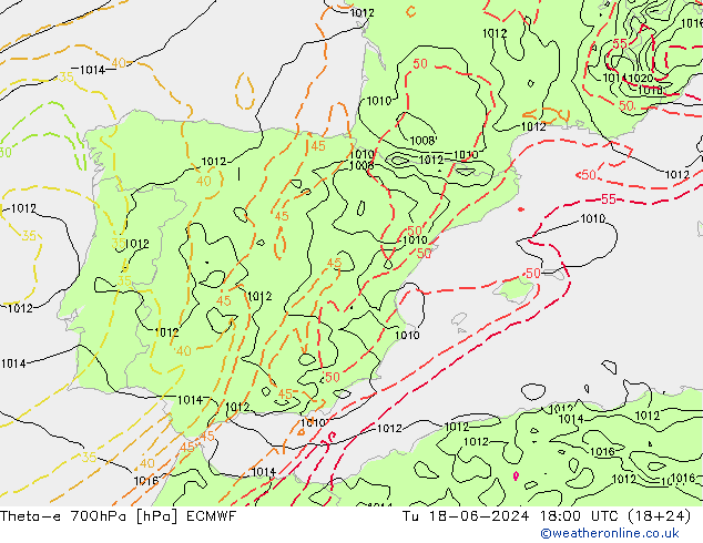 Theta-e 700hPa ECMWF Tu 18.06.2024 18 UTC