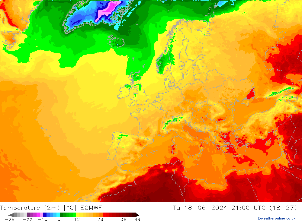 mapa temperatury (2m) ECMWF wto. 18.06.2024 21 UTC