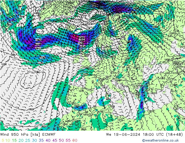 Wind 950 hPa ECMWF We 19.06.2024 18 UTC