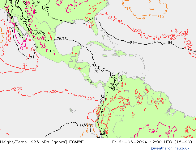 Height/Temp. 925 hPa ECMWF Fr 21.06.2024 12 UTC