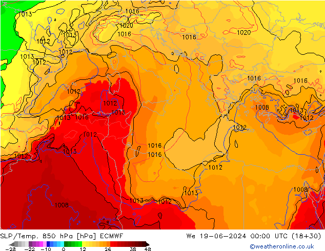 SLP/Temp. 850 hPa ECMWF mié 19.06.2024 00 UTC