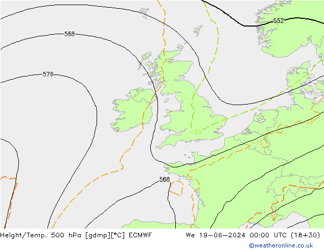 Z500/Yağmur (+YB)/Z850 ECMWF Çar 19.06.2024 00 UTC