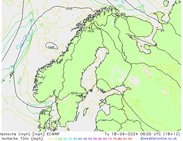 Isotachen (mph) ECMWF Di 18.06.2024 06 UTC