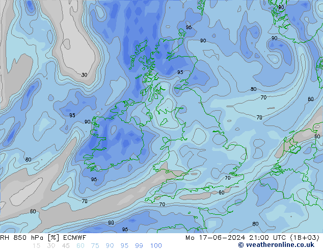 Humedad rel. 850hPa ECMWF lun 17.06.2024 21 UTC