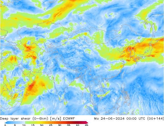 Deep layer shear (0-6km) ECMWF Mo 24.06.2024 00 UTC