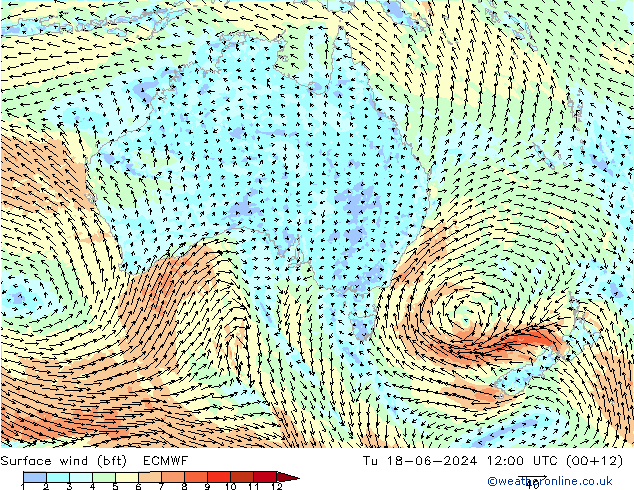 Surface wind (bft) ECMWF Tu 18.06.2024 12 UTC