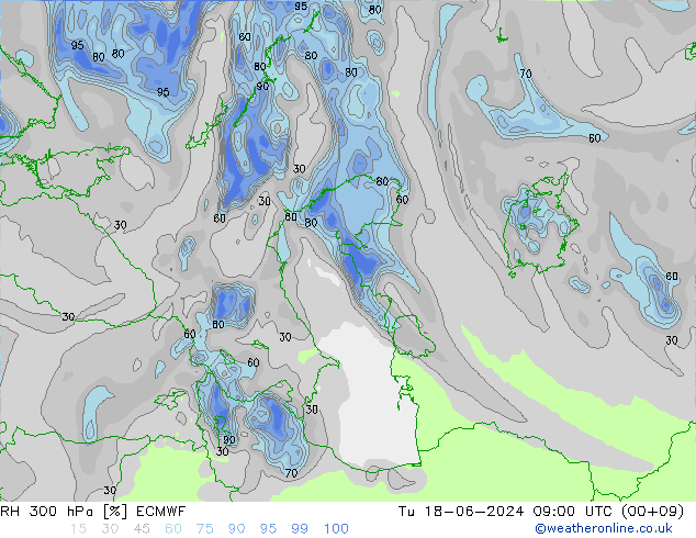 Humidité rel. 300 hPa ECMWF mar 18.06.2024 09 UTC