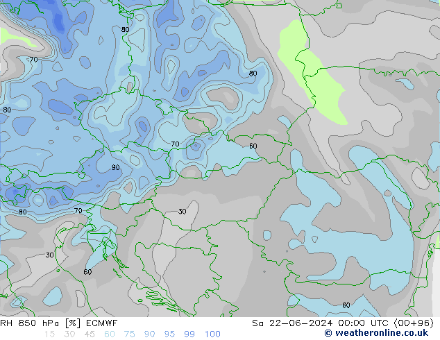 RH 850 гПа ECMWF сб 22.06.2024 00 UTC