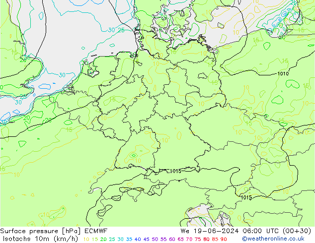 Isotachen (km/h) ECMWF wo 19.06.2024 06 UTC