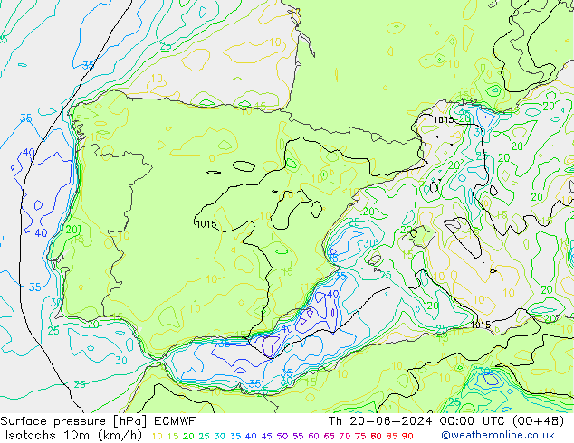 Isotachs (kph) ECMWF gio 20.06.2024 00 UTC