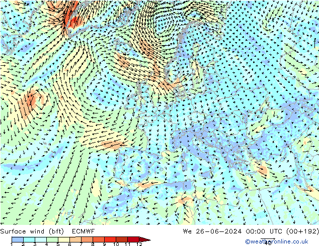 Rüzgar 10 m (bft) ECMWF Çar 26.06.2024 00 UTC