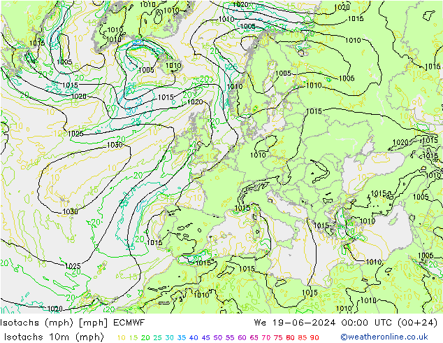 Isotachs (mph) ECMWF  19.06.2024 00 UTC