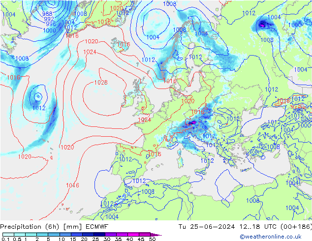 Precipitation (6h) ECMWF Tu 25.06.2024 18 UTC