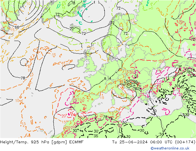 Hoogte/Temp. 925 hPa ECMWF di 25.06.2024 06 UTC
