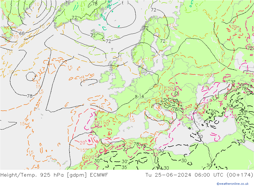 Height/Temp. 925 hPa ECMWF Út 25.06.2024 06 UTC