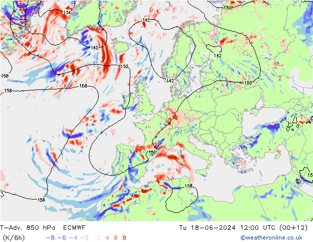T-Adv. 850 hPa ECMWF di 18.06.2024 12 UTC