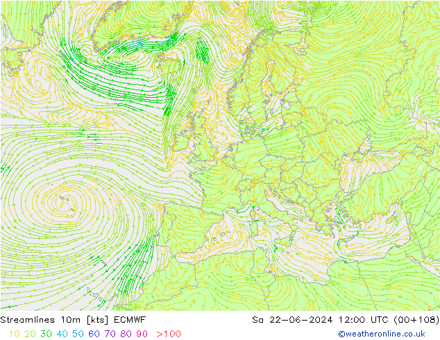 Stroomlijn 10m ECMWF za 22.06.2024 12 UTC