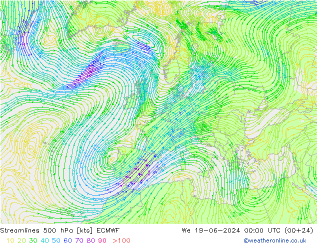 Stromlinien 500 hPa ECMWF Mi 19.06.2024 00 UTC