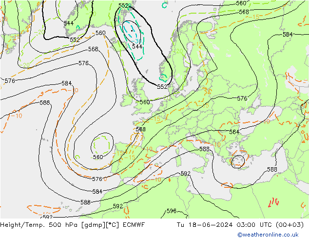 Height/Temp. 500 hPa ECMWF Tu 18.06.2024 03 UTC