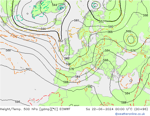 Hoogte/Temp. 500 hPa ECMWF za 22.06.2024 00 UTC