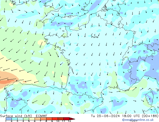 Surface wind (bft) ECMWF Út 25.06.2024 18 UTC