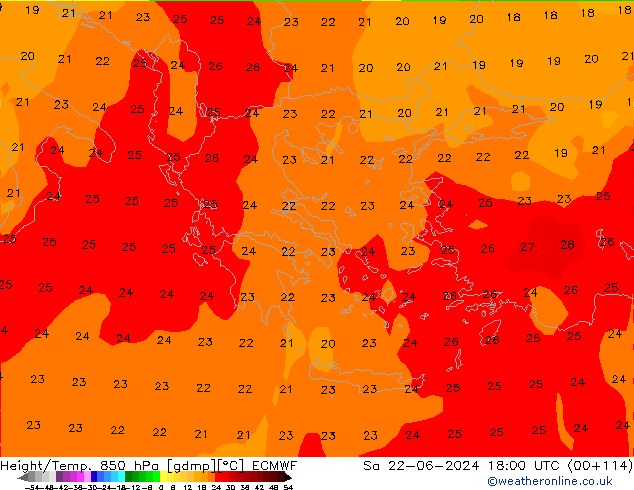 Height/Temp. 850 hPa ECMWF so. 22.06.2024 18 UTC