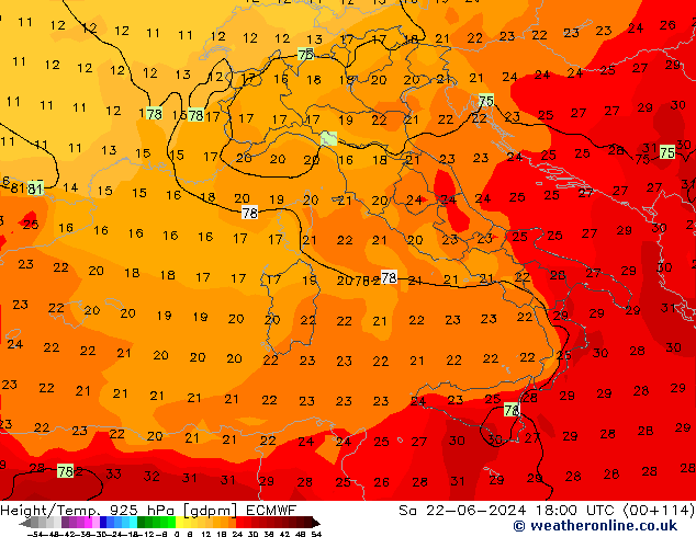 Height/Temp. 925 hPa ECMWF sab 22.06.2024 18 UTC