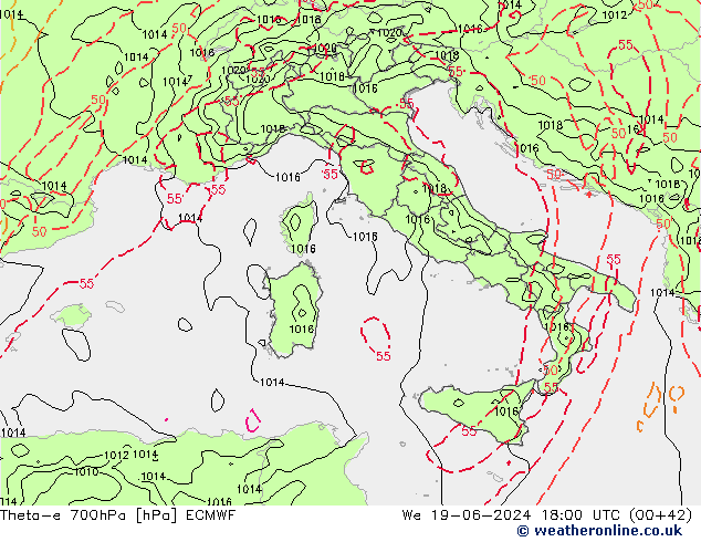 Theta-e 700гПа ECMWF ср 19.06.2024 18 UTC