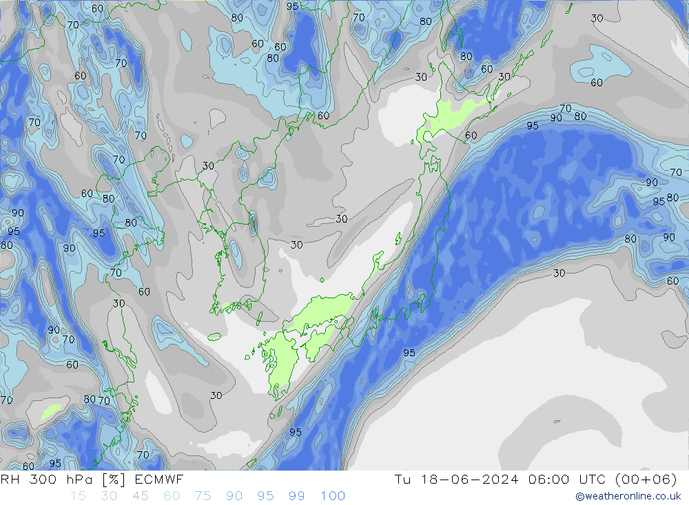 Humedad rel. 300hPa ECMWF mar 18.06.2024 06 UTC