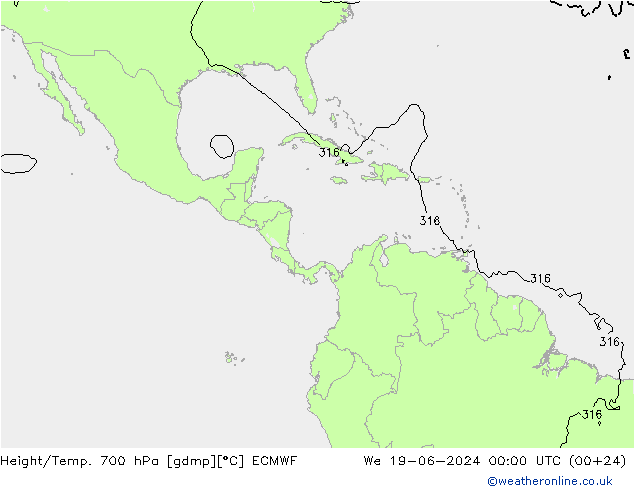 Height/Temp. 700 hPa ECMWF Qua 19.06.2024 00 UTC