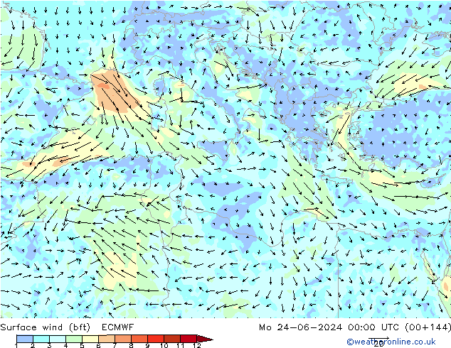 Viento 10 m (bft) ECMWF lun 24.06.2024 00 UTC