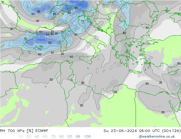 Humedad rel. 700hPa ECMWF dom 23.06.2024 06 UTC