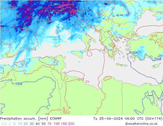 Precipitation accum. ECMWF mar 25.06.2024 06 UTC