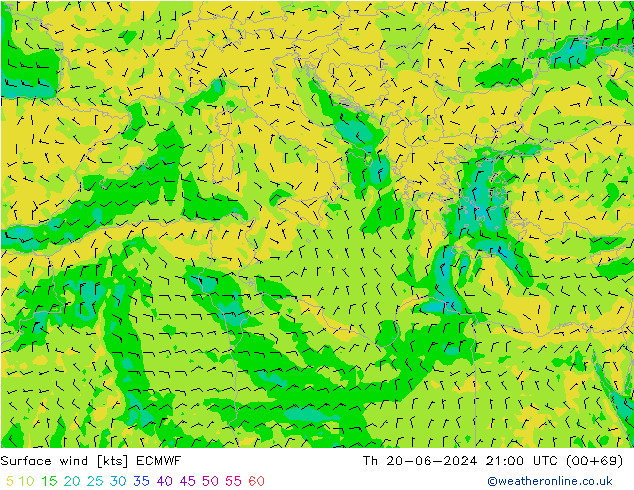 Vento 10 m ECMWF Qui 20.06.2024 21 UTC