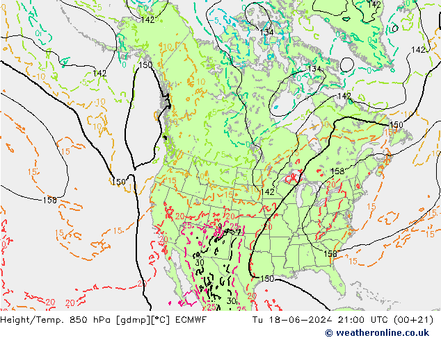 Height/Temp. 850 hPa ECMWF Út 18.06.2024 21 UTC