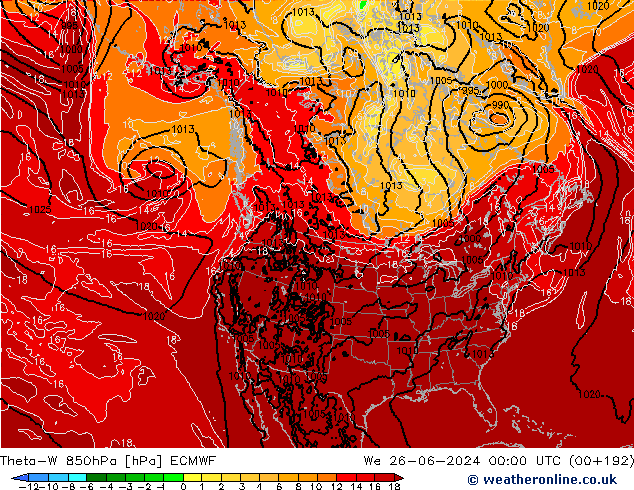 Theta-W 850hPa ECMWF mer 26.06.2024 00 UTC