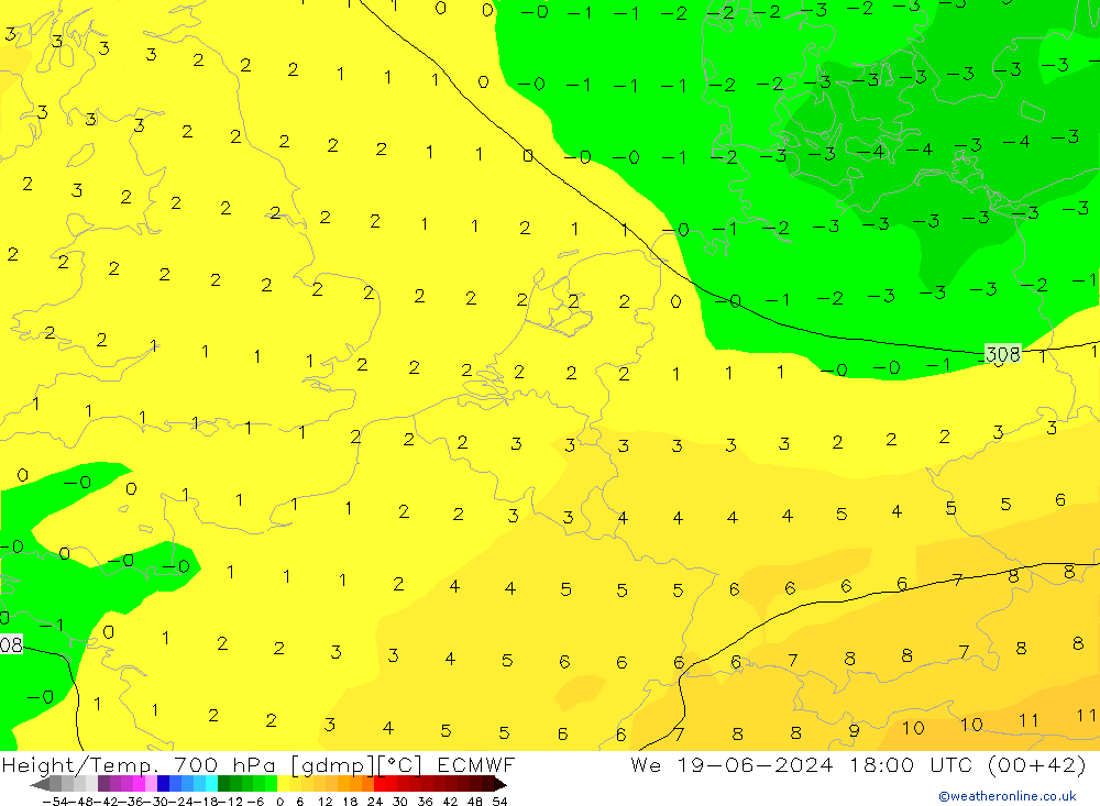 Height/Temp. 700 hPa ECMWF Qua 19.06.2024 18 UTC