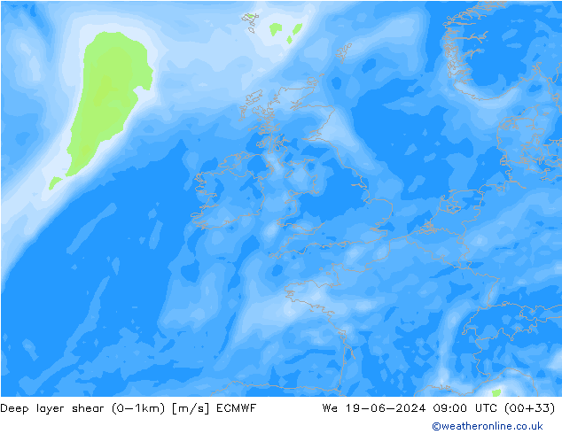 Deep layer shear (0-1km) ECMWF Mi 19.06.2024 09 UTC