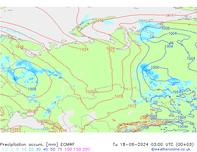 Precipitation accum. ECMWF Út 18.06.2024 03 UTC