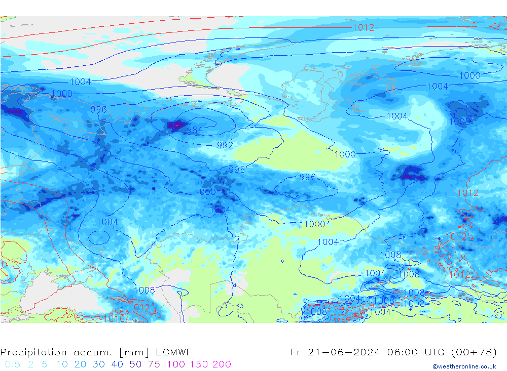 Precipitation accum. ECMWF пт 21.06.2024 06 UTC